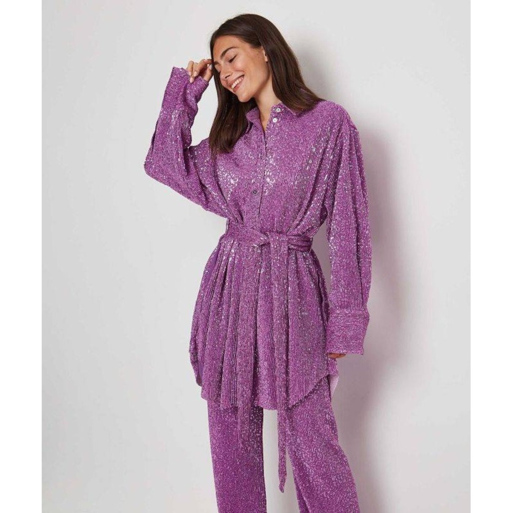 Stine Goya Isolde Sequins Jersey Mini Dress Purple XS Long Sleeve Belted Shirt